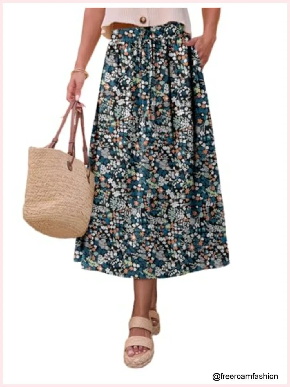 Print Midi Skirt High Waist Elastic A-Line Bohe Swing Skirts with Pocket